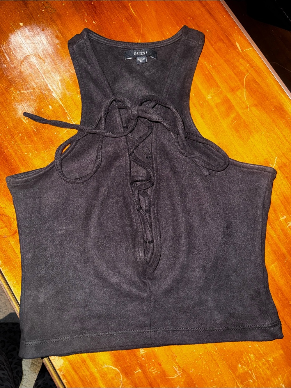 GUESS Black Suede Lace Up Racerback Crop Top Y2K McBling